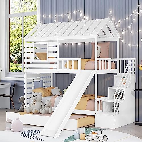 MERITLINE House Bunk Beds Twin Over Twin with Slide, Twin Bunk Bed with ...