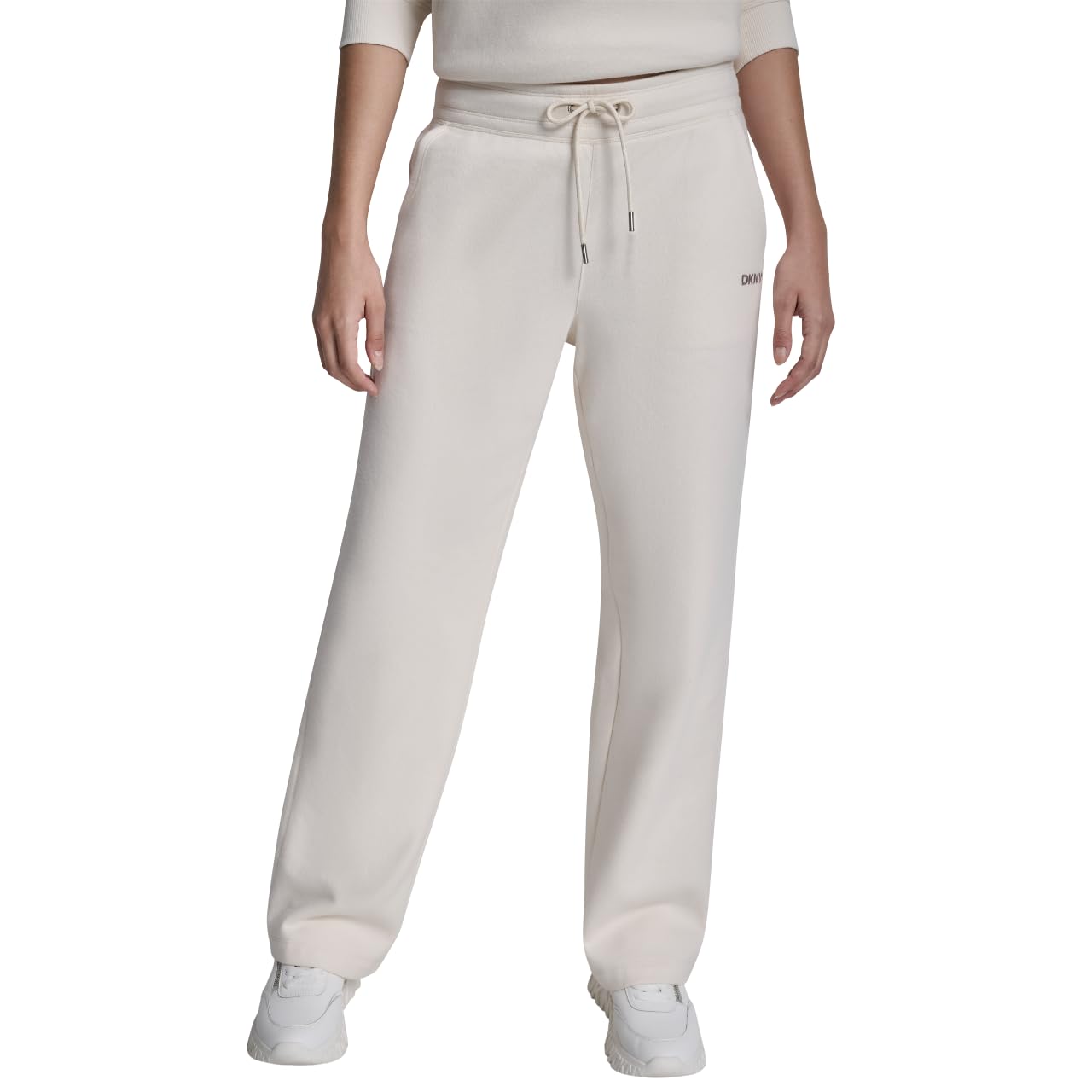 DKNY Women’s Metallic Bubble Logo Wide Leg Fleece Sweatpants with Pockets, Eggnog, Small