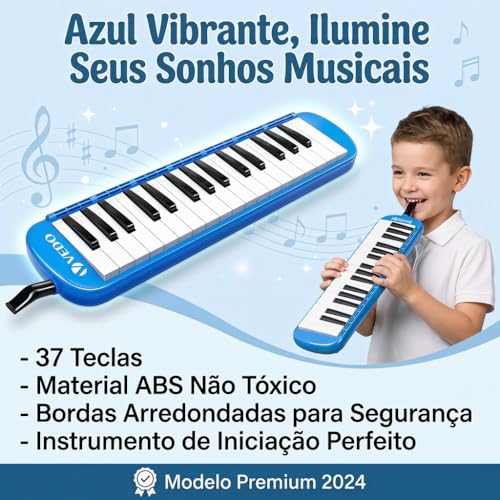 VEDO Escaleta 37 Teclas Infantil, com Bocal Duplo e Bolsa, Teclado De Piano de Ar, Instrumento Musical, Instrumentos Musicais de Brinquedo, Adequado Para Crianças e Adultos, Presente Perfeito, Azul
