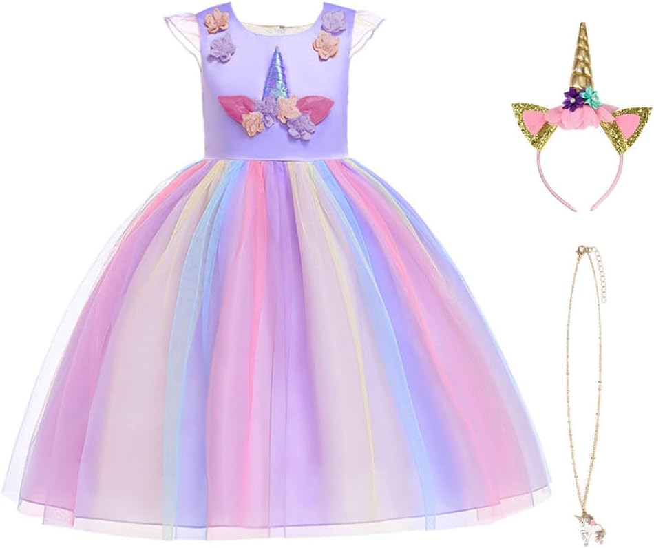 URAQT Unicorn Costume Purple Dress with Necklace Headband Kids Toddlers 150cm