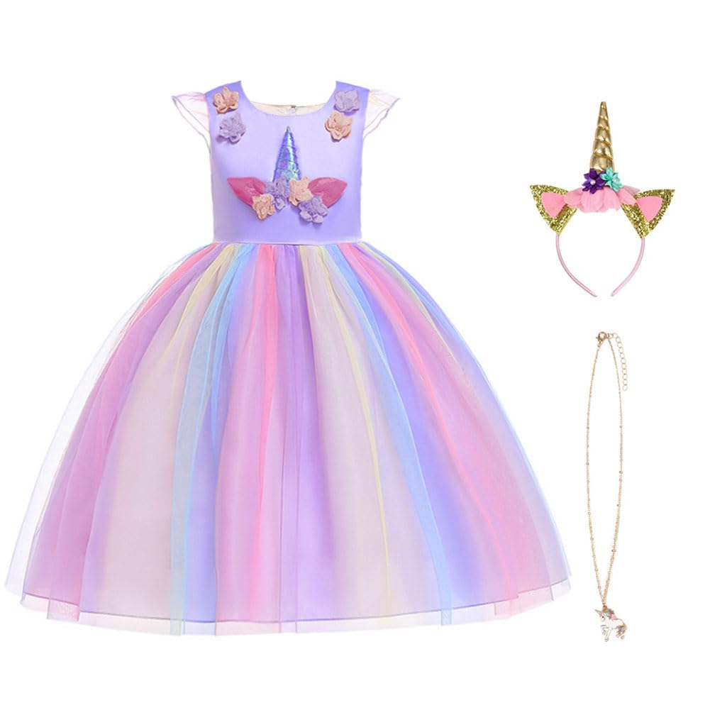 URAQT Unicorn Costume, Princess Unicorn Dress Fancy Dress with Necklace, Headband for Kids & Toddlers Birthday/Cosplay/Hallween Party,Purple 100CM