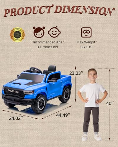 First Ride On 12v Kids Ride on Truck, Licensed Ram 1500 Rho Ride on Toy For Kids with Remote Control, Ride on Car for Children w/Truck Bed Storage, Smooth Start, Bluetooth, Aux Port (Blue)