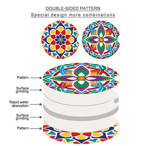 Absorbent Stone Car Coasters for Drinks, Beautiful Mandala Style Absorb Condensation for protect the Car cup holder and keep your car clean,Small 2.6" Diameter,Set of 2