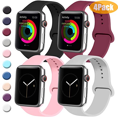 Tobfit 4 Pack Sport Bands Compatible with Apple Watch Band 38mm 42mm 40mm 44mm, Soft Silicone Replacement Band Compatible with Watch Series 5/4/3/2/1 (Black/Gray/Wine Red/Pink, 38mm/40mm S/M)