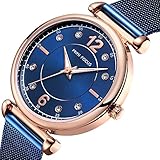 MINI FOCUS Women Simple Watches with Stainless Steel Mesh Band, Fashion Waistwatch (Blue, Luminous, Crystal Dial) Casual Watch for Women/Gril Gift MF0177L.04