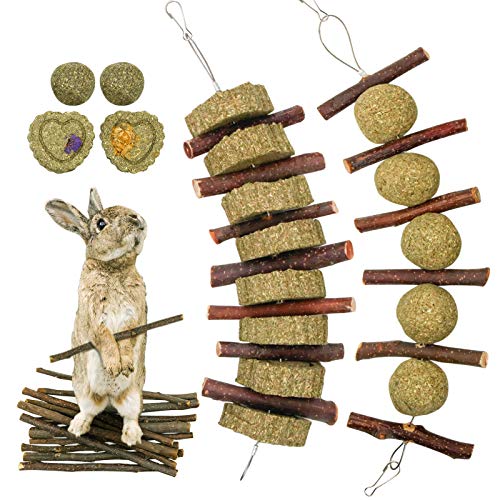 Roundler Small Animal Chew Toys, Apple Sticks Grass Cake&Ball Bunny Pet Tooth Chew Toys, Pet Snacks Toys for Rabbits, Chinchilla, Hamsters, Guinea Pigs, Gerbils, Mini Macaws, Parrots (Style 3)