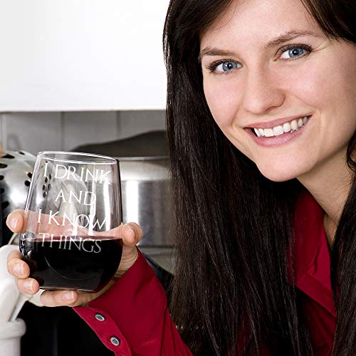I Drink and I Know Things - Wine Glass, Stemless - 17oz - Engraved- Inspired by Game of Thrones- Drinkware - Novelty gift glasses for Men and Women - Made in USA. Includes free Wine Food Pairing Card