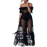 Women Sexy Lace Off Shoulder Mesh See Through Long Pleated Maxi Dress Club Party Gown