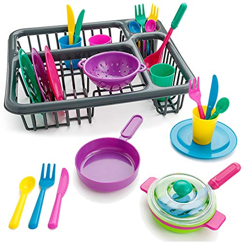 Liberty Imports Kids Pretend Play Dishes Kitchen Playset | Wash & Dry Tableware Dish Rack Toy with Drainer (28 Pieces) (Classic)