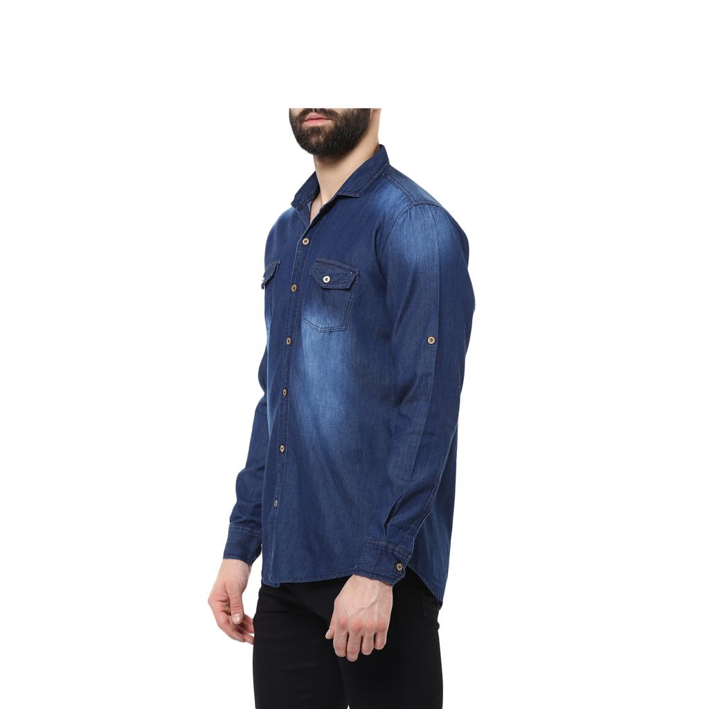 urbano fashion men's dark blue casual denim shirt