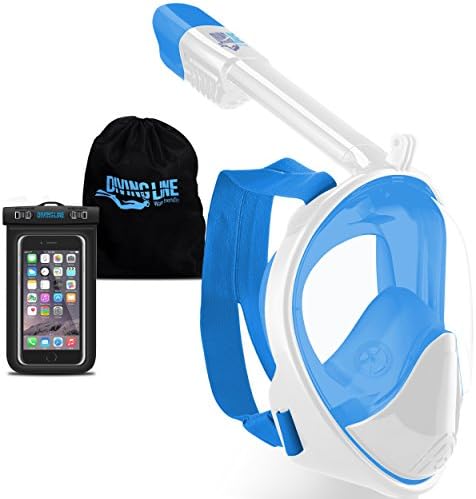 DivingLine Full Face Snorkel Mask with GoPro Mount | Anti-Fog Panoramic View | Built-In Top Snorkeling Tube | Adults and Kids | Adjustable Head Straps Includes Waterproof Phone Case (White/Blue, S/M)