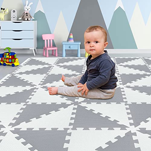 Yostrong 36 Tiles Interlocking Triangle Puzzle Foam Baby Play Mat with Straight Edges for Playing - EVA Babies Crawling Mat | Rubber Floor Work Out Mats for Home Gym. White, Light Gray. YOT-ALb18S18