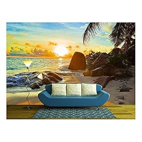 Tropical Beach at Sunset - Nature Background - Removable Wall Mural | Self-Adhesive Large Wallpaper - 66x96 inches