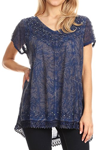 Sakkas 15774 - Hope Embroidery and Seqiun Accents Summer Blouse - Navy - OS
