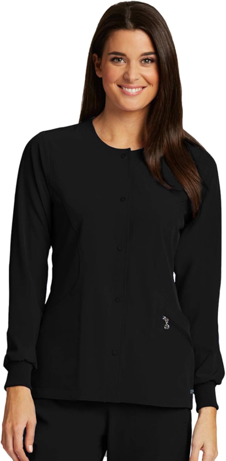 Barco ONE 4-Pocket Jewel Neck Snap Warm-Up Scrub Jacket for Women: Clothing