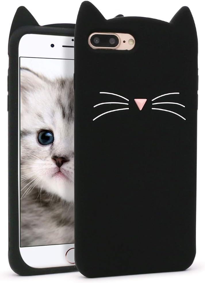for iPhone 7 Plus Case, iPhone 8 Plus Cases, Fashion Cute 3D Cartoon Mustache Cat Ears Kitty Case, Soft Silicone Shockproof Slim Fit Cover for iPhone 7 Plus / 8 Plus (5.5" Inch) (Mustache Cat Black)