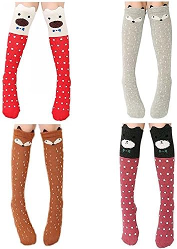 Cartoon Animal Cute Girls socks Cotton Over Calf Knee High Socks One Size pack of 4/8 Pairs (4 Color-A)