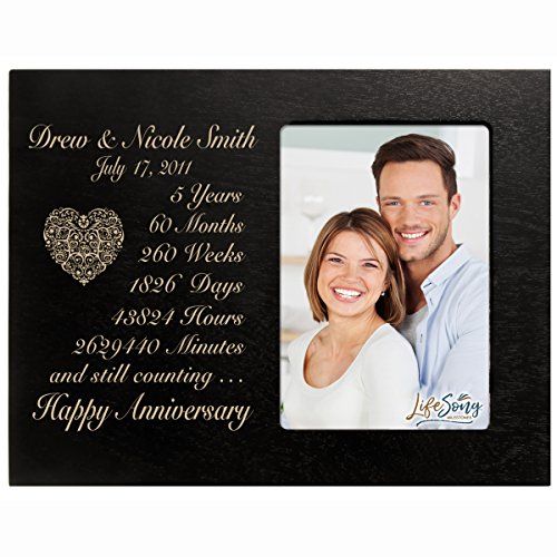 Personalized five year anniversary gift for her him couple Custom Engraved wedding gift for husband wife girlfriend boyfriend photo frame holds 4x6 photo by LifeSong Milestones (black)
