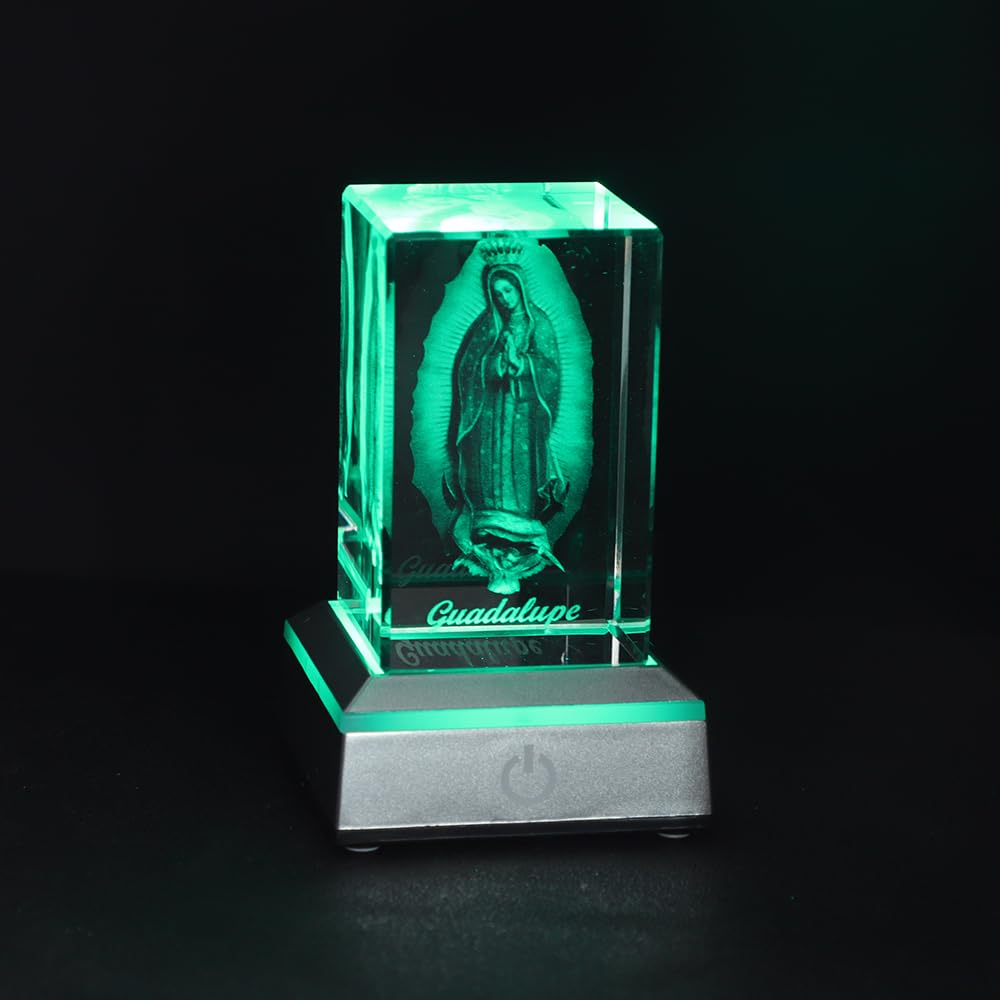 KOMI 3D Crystal Statues Decorations Religious Gifts for Women Laser Etched Crystal Our Lady of Guadalupe Glass Statues with Colorful LED Light Base