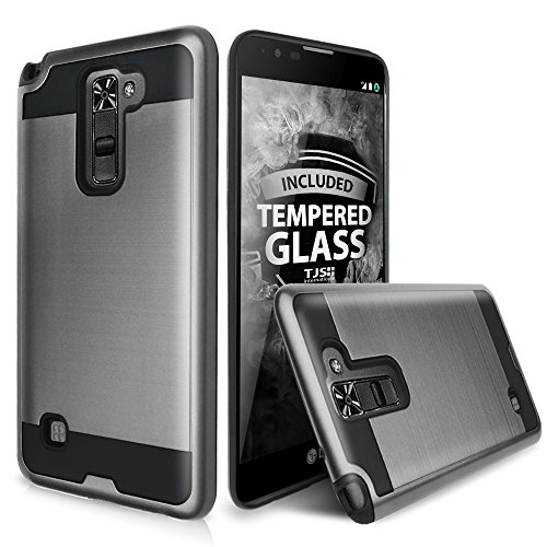 LG G Stylo 2 Case, LG G Stylo 2 Plus Case, LG Stylo 2 V Case, with TJS [Tempered Glass Screen Protector] Dual Layer Shockproof Tough Brushed Hybrid Armor Drop Protection Case Cover (Grey/Black)