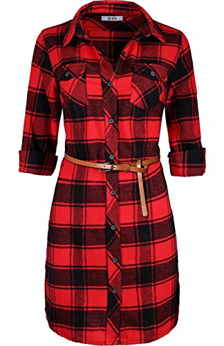 2LUV Women's 3/4 Sleeve Belted Plaid Flannel Shirt Dress Red L