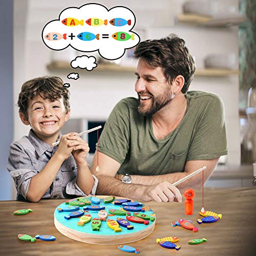 BeebeeRun Magnetic Wooden Fishing Game Toy for Toddlers - Alphabet Fish Catching Counting Preschool Board Games Toys for 3 4 5 Year Old Girl Boy Kids Birthday Learning Education Math with Magnet Pole