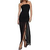 Cjfdfy Women's Tube Top Dress Sexy High Slit Strapless Maxi Dress Flowy Sheer Mesh Patchwork Outfit Cocktail Party Clubwear
