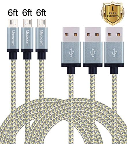 Mscrosmi 3 Pack 6FT Nylon Braided Tangle Free Micro USB Cable Charging and Data Transfer for Android, Samsung, HTC, Nokia, Sony and More (gold&amp; gray)