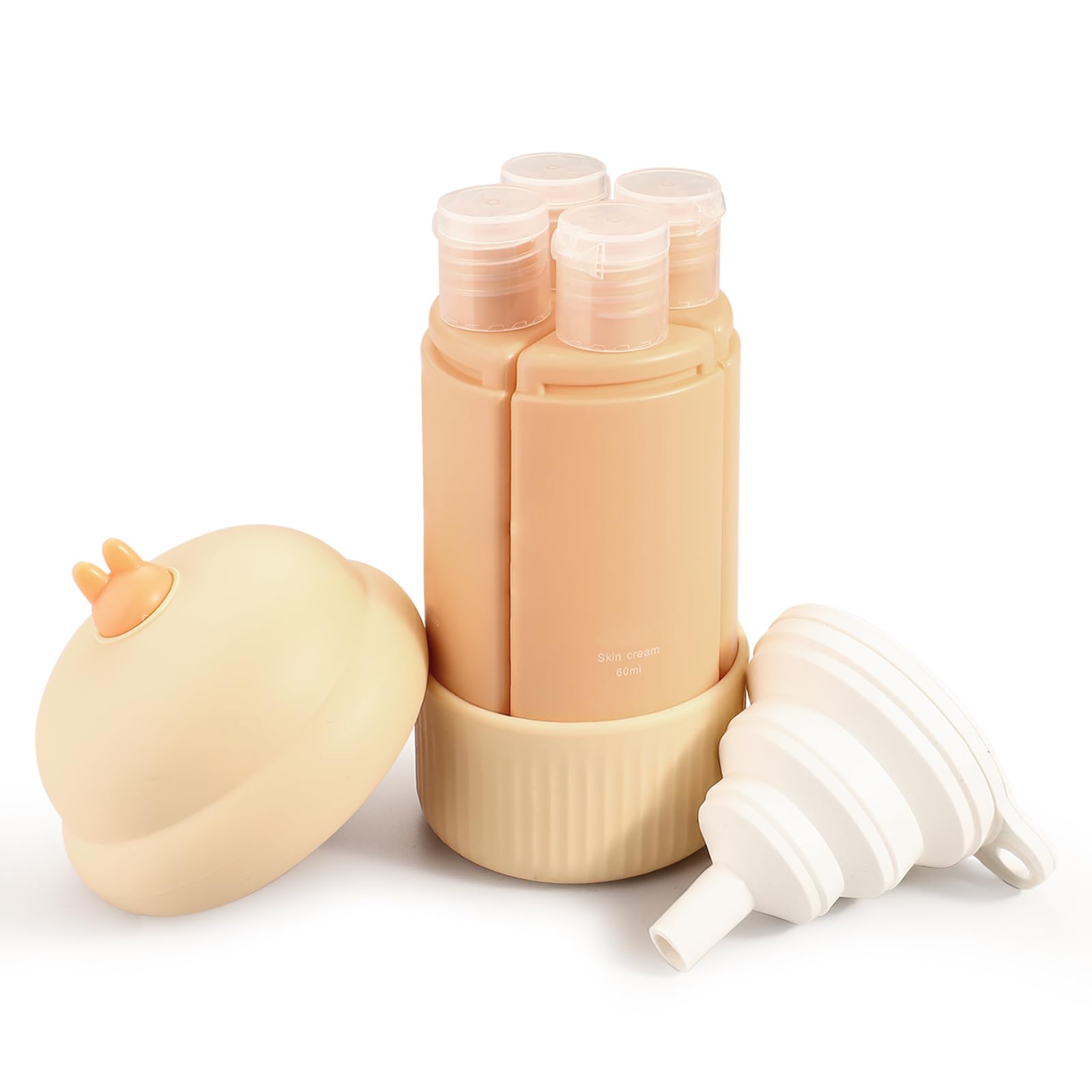 LELE LIFE 4 in 1 Travel Bottles for Toiletries, 60ml Leak Proof Travel Size Containers Refillable Bottles for Shampoo Conditioner Lotion Soap with Funnel (Orange)