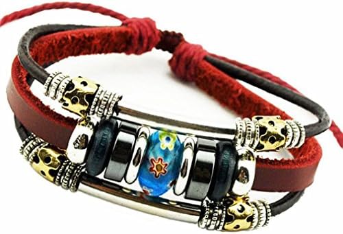 Charm Murano Glass Flower Bead Hand-knitted Leather Bracelet Adjustable