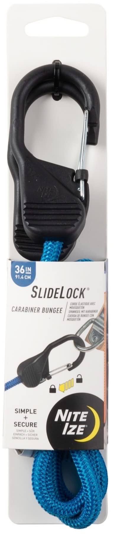 Nite Ize SlideLock, Premium Tie-Down with Slide-to-Lock Steel Carabiner, 36 Inches, Blue Bungee Cord