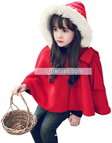 Fairyler Kids Wool Bowknot Cape Christmas Red Fur Hood Poncho Batwing Cloak Coat Wrap XL