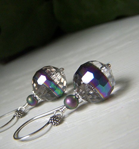 Iridescent Glass Crystal Earrings, Rainbow Finish, Clear Dangle, Disco Ball, Sterling Silver - Thumbnail 3