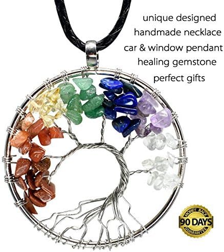 Tree of Life Necklace pendant necklace Car Pendant Gemstone Unique Jewelry Gifts Mothers Best Friends Fashion Family tree charm Handmade Healing Crystal Necklace great piece long chain(White 21in)