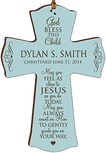 LifeSong Milestones Personalized Baptism 1st Holy Communion Christening Wall Cross Decoration May You Feel As Close to Jesus (4.5" x 6", Blue)