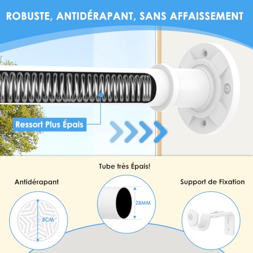Curtain Rod, No Drilling, White, 78-284 cm, Extendable Curtain Rod, 28 mm, Heavy Duty Pressure, Adjustable, Installation Without Drilling or Screw, for Bathroom, Window, Door
