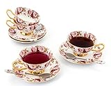 Porcelain Tea Cup and Saucer Set Coffee Cup with Saucer and Spoon 8 oz Set of 4 (Rose & Strawberry)