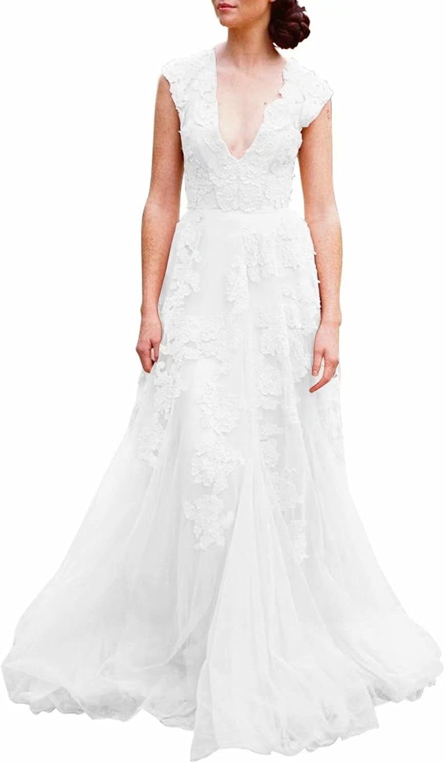 Women’s Vintage Wedding Dress Cap Sleeves Lace Bridal Gown Beach Boho Wedding Gown
