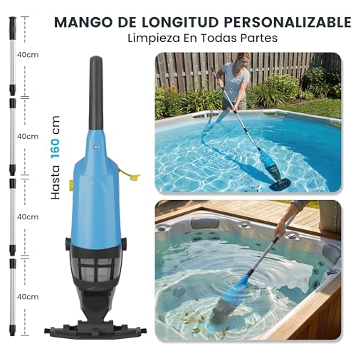 Aspirador de Piscina inalámbrico, limpiafondos de Piscina Manual hasta 90 Minutos, pértiga telescópica de 160 cm, Limpiador de Piscina, succión de hasta 4088 L/h, Ideal para spas y Hot tubs