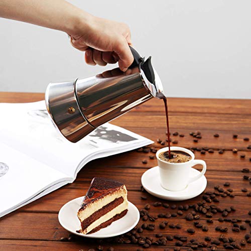 Cosumy Espressokocher Induktion geeignet - 6 Tassen - Edelstahl - Set mit Dosierlöffel und Bürste - 300 ml – Bild 3