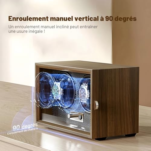 BeSokar 2 Watch Winder Black Walnut Wood 4 Rotation Modes LED Light Ultra Quiet