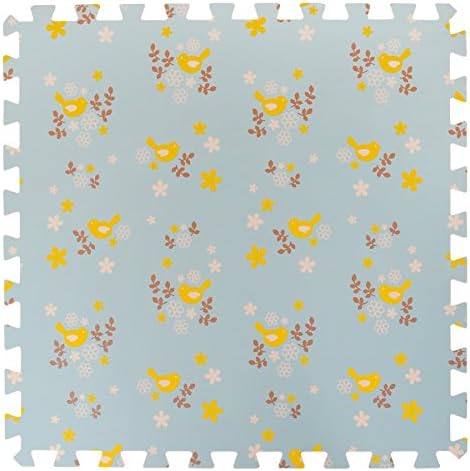 4 Large Children's Blue Foam Play Mats with Edges - 4 Large Soft Interlocking Floor Mats with Yellow Bird Pattern for Children. Each tile 24 x 24 ins. Total 48 x 48in.