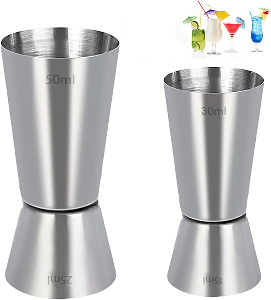 Set of 2 Stainless Steel 25/50 ml & 15/30 ml Cocktail Jigger Spirit Measure Cup