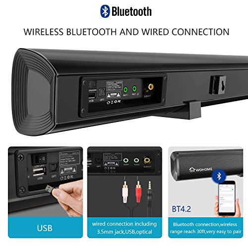 Sound Bar WOHOME 2.1 Channel Bluetooth Soundbar for TV with Subwoofer Surround Home Theater System 34-inch Soundbar 5.5-inch Subwoofer 4 Speakers 120W 95dB Remote Control Newest Model S18