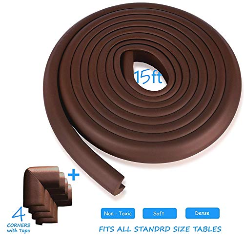New Furniture Edge and Corner Guards | 16.2ft Protective Foam Cushion | 15ft Bumper 4 Adhesive Childsafe Corners | Baby Child Proofing Foam Set and Safe for Table, Fireplace, Countertop | Brown