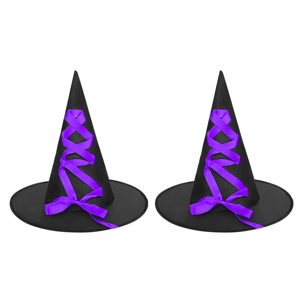 LONTG 2Pcs Halloween Witch Hat Wizard Hat Elegant Halloween Costume Witch Hat Cap with Ribbon Bow Costume Party Hat Fancy Dress Accessory Headwear for Women Girls Halloween Party Cosplay Fancy Dress