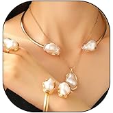GIGB PBDK Gold/Silver Plated Baroque Pearl Jewelry Set for Women,Layered Lava White Pearl Collar Necklace,Valentine's Day Wedding Bridesmaid Accessories Gifts