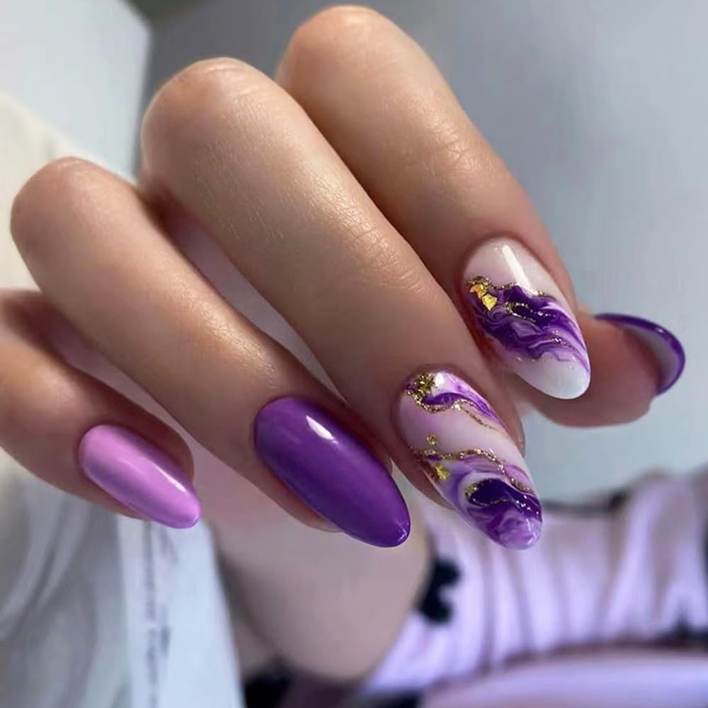 Purple Press on Nails Medium Almond Fake Nails Marble Texture Glossy False Nails with Glitter Gold Foil Design Stick on Nails Full Cover Glue on Nails Ombre Acrylic Nails for Women Manicure 24Pcs