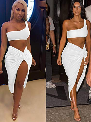BEAGIMEG Women's Sexy One Shoulder Long Bodycon Slit Skirt 2 Pieces Dress White - Thumbnail 7