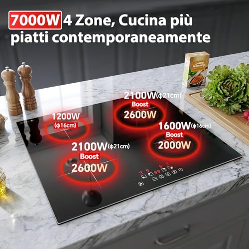 SNDOAS Piano Induzione 4 Fuochi 60 cm, 7000W Piano Cottura Induzione, Funzione Boost, 9 Livelli di Potenza, Timer 99 Min, Controllo Touch, Piastra Induzione Incasso, con Raschietto di Pulizia